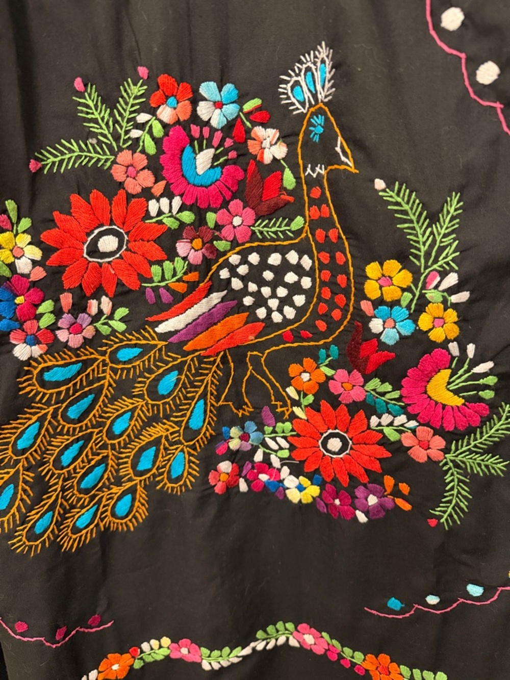Traditional Mexican Black Embroidered Floral Maxi Dress with Peacock Motif - Picture 5 of 5